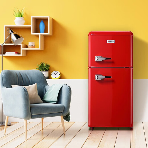 CHIGO Internet celebrity retro double-door refrigerator European-style refrigerated freezer household small first-class energy efficiency rental office energy-saving fruit preservation living room bedroom refrigerator trade-in 155D with handle retro double door Chinese red