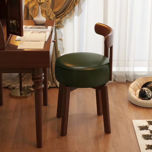 HAOWANG mid-century style dressing chair, solid wood rotatable makeup chair, girls bedroom dressing table backrest chair, retro stool, light luxury, solid wood walnut color frame + retro green, rotatable