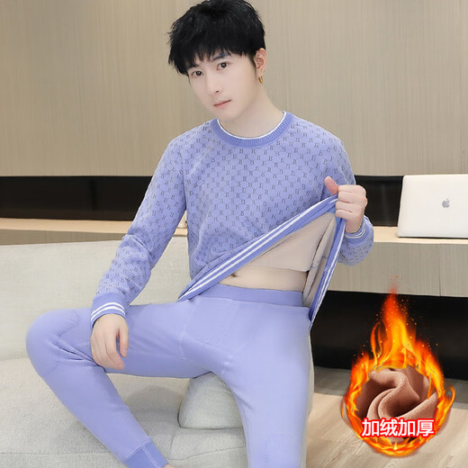 ZENGZHI NIUZAI德绒发热条纹保暖内衣男生套装冬季加绒加厚打底衫青少年秋衣秋裤 689卡其【加绒加厚】 2XL 约115-135斤可穿
