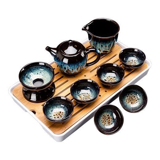 Jianzhan Kungfu tea set household kiln modified Tianmu glaze tea cup teapot tea tray ceramic Jun kiln sand gold tea set 10 heads (gold sand gold/beauty pot) + rectangular (striped) melamine/black