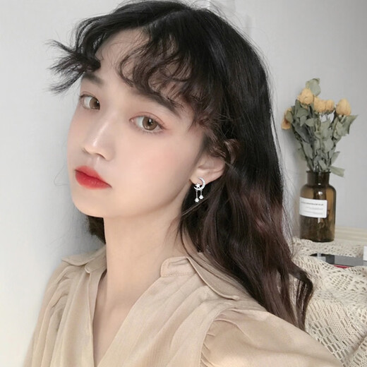 Hazel Orange S999 silver five-pointed star earrings for women light luxury moon zircon pendant pure silver earrings small fresh earrings for girlfriend 999 silver moon star pendant E24