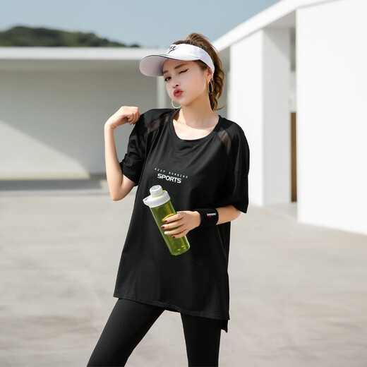 Zuolangdi yoga suit women's fitness suit summer new large size fat mm loose slimming running sports suit black three-piece set M (42-52KG recommended)