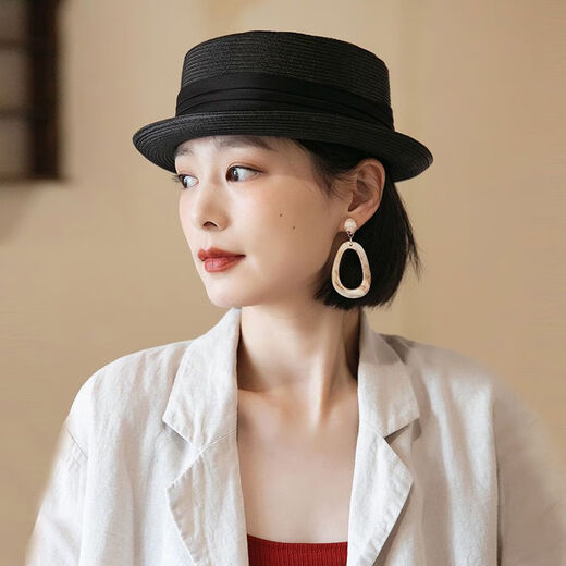 Gongbaicao elegant top hat French flat top hat spring and summer concave top rolled straw hat women's sun hat black hat 55-58cm adjustable