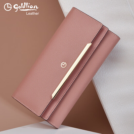 Goldlion Wallet Women's Long Genuine Leather Women's Tri-fold Wallet Cowhide Bag Fashion Clutch Mobile Phone Bag Large Capacity Clutch Black with Plum Red Officially Authorized - One fake will be fined ten