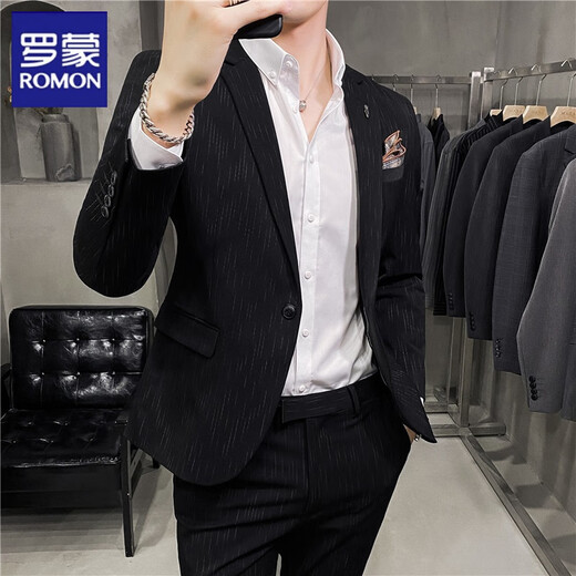 Luo Meng Summer Thin Handsome Striped Small Suit Men's Suit Korean Slim Casual Suit Jacket Groom Wedding Dress Striped Dark Gray One Piece Suit S