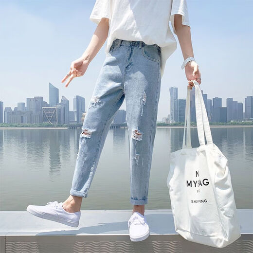 朵弦裤子男夏季宽松直筒乞丐破洞牛仔裤男九分裤学生韩版潮流百搭男裤 679/o破洞款 S