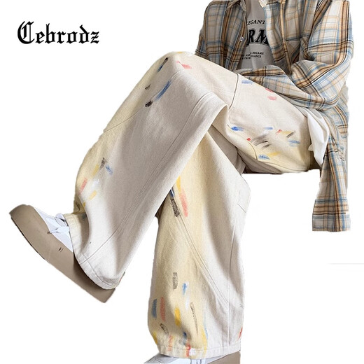Cebrodz Frankreich bemalte Scimitar Jeans Frühling und Sommer Amerikaner Modemarke Herrenhosen Design Lose Wide-Big Hosen Weiß L.