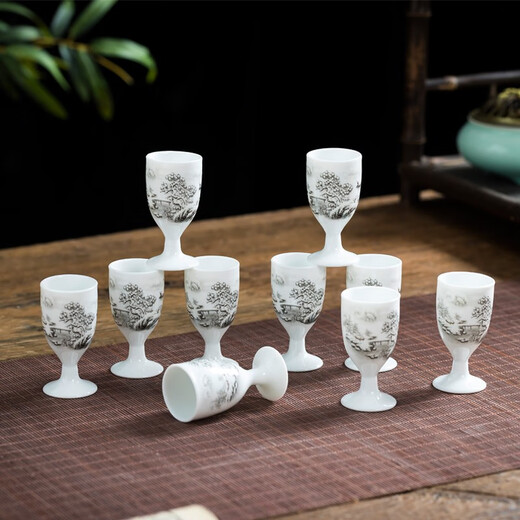 Tao Qinquan white wine cup, ceramic goblet, wine set, small wine cup, Jingdezhen blue and white porcelain, Fortune Lotus 10 wine glasses