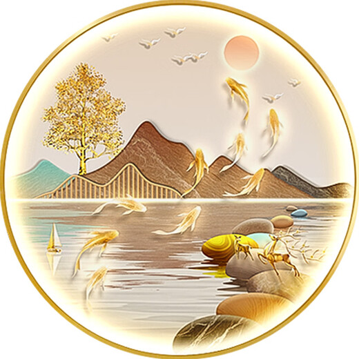 Three ants New Chinese style Jiuyu Picture Porch Decorative Painting with Lights Round Mural Entrance Door Painting Living Room Hanging Painting Landscape Crystal Porcelain Painting Jiuyu Jucai 1342 Diameter 100cm Remote Control Connection Power Supply Gold Aluminum Alloy Frame