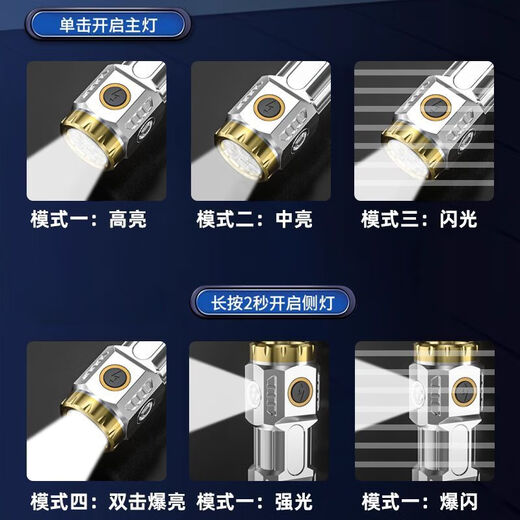 馨护士超亮可充电户外照明迷你便携远射手电筒强光家用小钢炮led 八核爆亮【强光侧灯+TYPE-C快充 98W八核9990N】待688天灬闪充