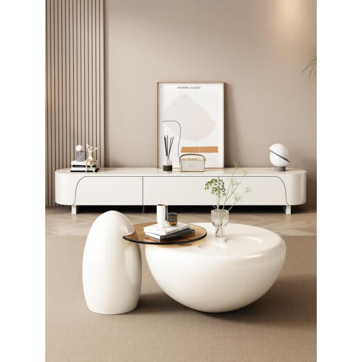 Longcheng Jiamao cream style small apartment living room household size round coffee table modern simple light luxury coffee table TV cabinet cream style braised egg side table small round tempered glass 0cm complete installation