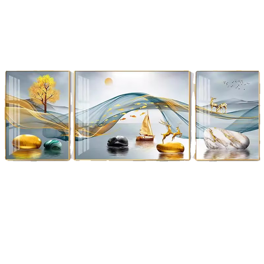 Sanqihu maßgeschneidert für leichte Luxus-Wohnzimmer-Dekoration Mal Sofa Hintergrund Wandmalerei Mural Malerei Fulu Landschaft Triptycharchatmatmosphärische HJ-3886-Finanzrollen Rolling Rolling für Sofas über 4,3 Metern und 70*9 l auf beiden Seiten