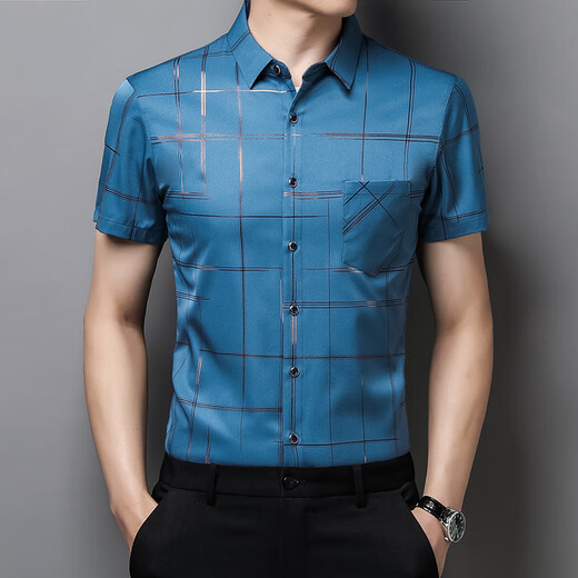 Camisa de seda de hielo para hombres de Romon Vestido de novia de verano de manga corta Feliz suegro Padre de mediana edad Banquete de boda de verano Camisa roja D2177 Baolan 165 m
