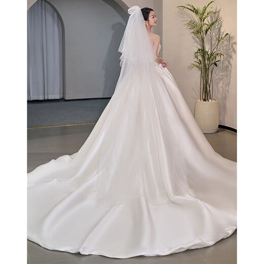 DL 1998 Pangdonglai Calidad Vestido de novia de calidad Bride Bride Pein Yarn Strip Satin New Texture French Retro White Fit Style <Vestido de novia único sin accesorios>+ XXL: Peso 130 Jin [Jin equivale a 0.5 kg]