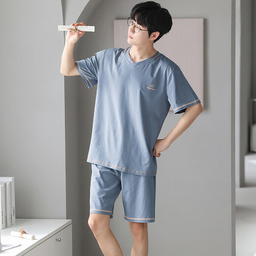 浪莎男士睡衣冰丝莫代尔触感可外穿夏季V领简约休闲家居服套装 浅蓝 2XL