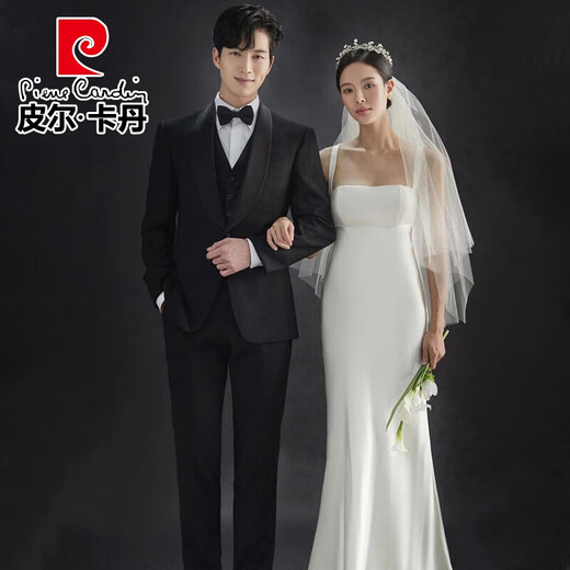 Pierre Cardin groom wedding suit men's show host slim suit suit male groomsmen knitted casual dress black green fruit collar two-piece suit (with gift bag) 2XL (136-150)