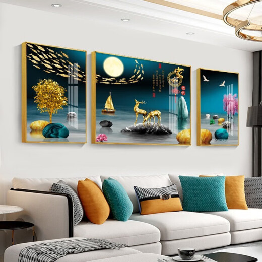 Tongdi Neues chinesisches Wohnzimmer Dekoration Malerei Sofa Hintergrund Wandmale moderne einfache Villa Hall Landschaft Malerei Dreifach hängende Gemälde 1 Familie und alles geht gut 12122 80*60 in der Mitte 40*60 auf beiden Seiten 40*60 schwarzer Rahmen (Kristallporzellanbilder)