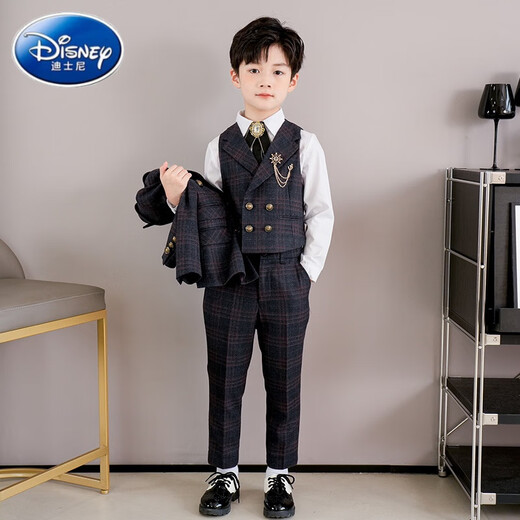 Costumes pour enfants Disney, beaux combinaisons de garçons de fleurs, robes de garçons britanniques, performance de piano pour enfants du milieu à la place, manteau orange bleu foncé + gilet + pantalon + fleur de col + poitrine 90 cm Poids recommandé 25-30 Jin [Jin est égal à 0,5 kg]
