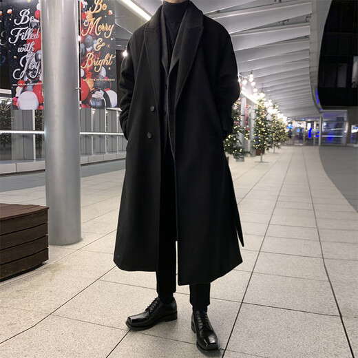 Yisichen Black Warrior cityboy Cthulhu windbreaker men's German-style coat winter thickened Korean long woolen coat black L