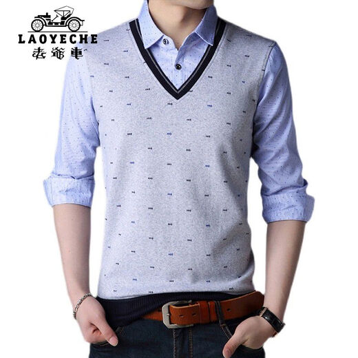 Classic Car (Laoyeche) High-End-Herren-T-Shirt mit falschem zweiteiligen Langarmjugend-Basishemd Korean Slim Strick Modentrend Herren Modell 3878 Blau 2xl 180