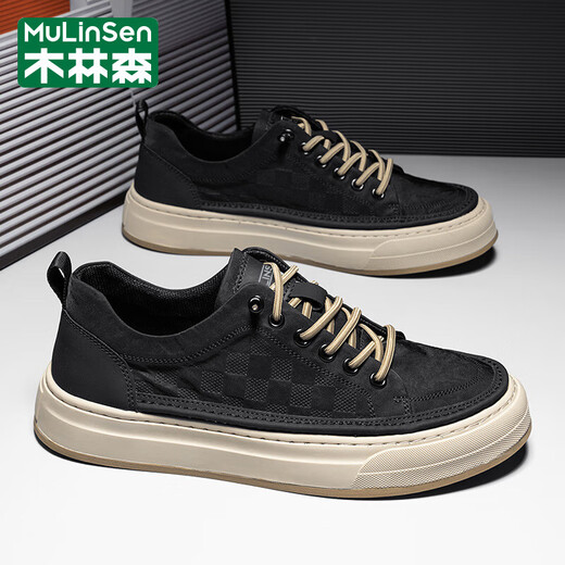 Mulinsen (Mulinsen) Brand Herrenschuhe 2025 Frühlings- und Sommer-Mode-Trend-Leinwandschuhe weiche Sohle-Kee-Resistante Brettschuhe atmungsaktive Freizeitschuhe Herrenschwarz (Markenschuhe für Männer) 41