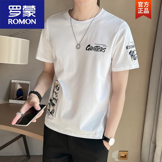 罗蒙（ROMON）夏季印花T恤男生修身2025新款百搭潮潮流体恤棉质帅气半袖上衣 白色 M