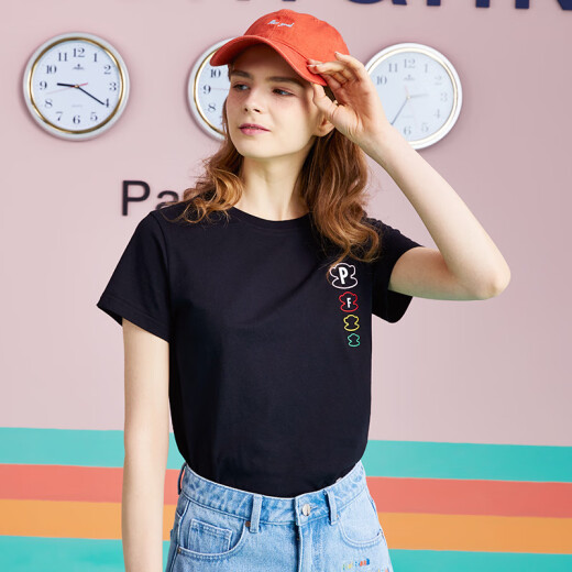 PaulFrank/Big Mouth Monkey Summer Short Sleeve T-shirt Women's Korean Solid Color Print Slim Fit PFCTE202425W Black XL