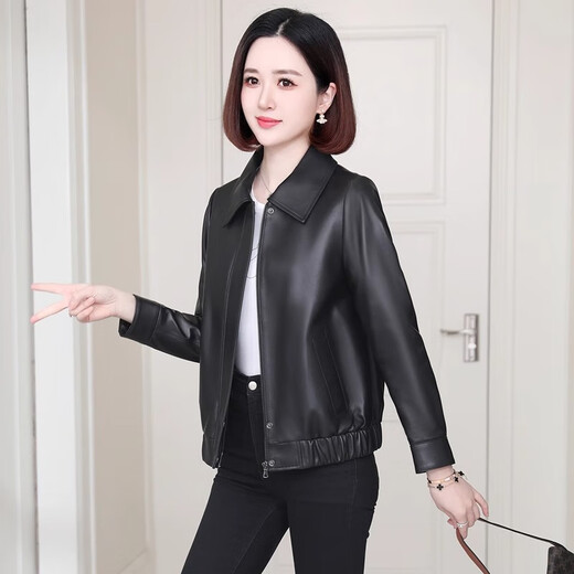 Yunqi Qianqiu Haining Genuine Leather Jacket Women's Short Spring and Autumn New Style Small Loose Slim Versatile Motorcycle Leather Jacket Black M 80-100Jin Jin is equal to 0.5 kg