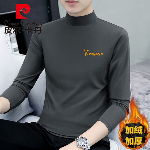 Pierre Cardin Herbst und Winter halbhoher Hals-Hemd-Hemd-Hemd-Hemd-Langarm-T-Shirt Pure Cotton Herbst Kleidung vielseitig plus Samt Einfach verdickte thermische Unterwäsche Schwarz YP-C6187 plus Samt L.