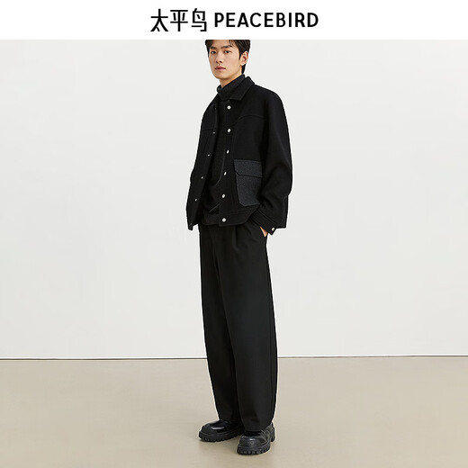 PEACEBIRD Men's Woolen Jacket 2024 Winter Contrast Color Short Jacket Quality Sheep Wool Jacket Youth Black (Loose) Second Batch S