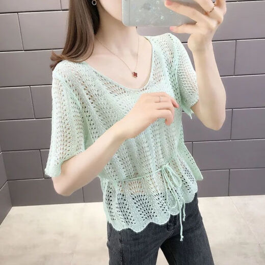 Arctic velvet ice silk sweater with suspender blouse hollow outer wear 2024 new drawstring top women's short-sleeved T-shirt blue XXS warehouse gift