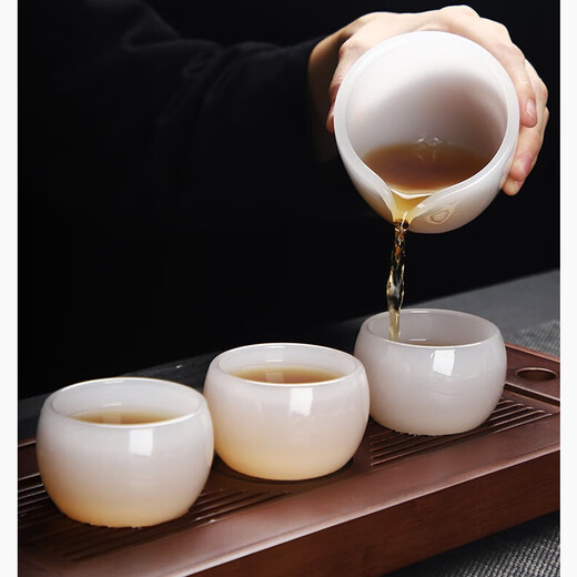 Xiangdu Glazed Tea Set Covered Bowl Set High-end Home Office Reception Kung Fu Tea Set Tea Bowl Tea Cup Tea Leak Fair Cup White Jade Glazed-Safe Packaging 9 Pieces