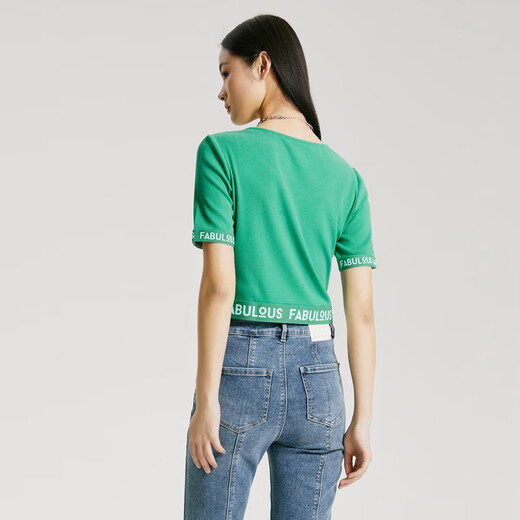 VEROMODAT shirt women's new casual versatile ribbed stitching letter short sleeve short sleeve women's F61 emerald green XS 155/76A