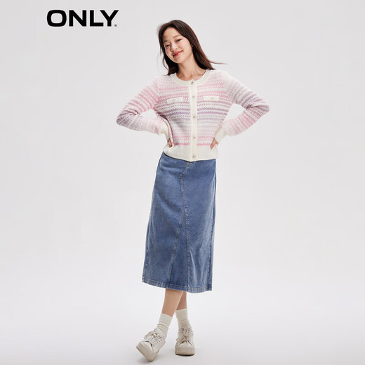 ONLY autumn and winter fashion contrasting striped long sleeve round neck short sweater for women 12343B002 HQ2 rainbow stripes S 160/80A