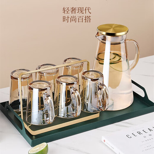 MIDOC light luxury glass water cup set, home living room design water set, family drinking cup, tea cup set for entertaining guests, six amber handle cups + gold stand + amber pot + gold mirror plate
