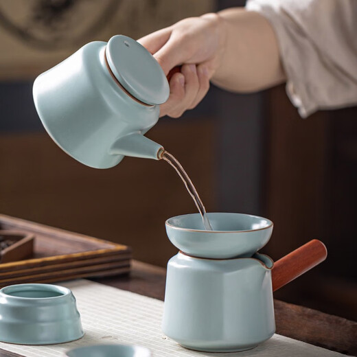 Gold inlaid jade imitation Song Dynasty Ru kiln tea set, complete set of household ceramic kung fu tea sets, teapots, lids, bowls, tea cans, gift boxes, Haoran side handle imitation Song Dynasty Ru kiln large set