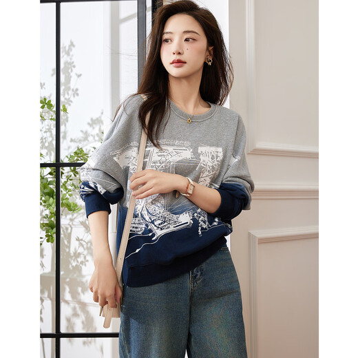 Demana Fashionable Gradient Casual Sweatshirt Spring and Autumn Cotton Round Neck Loose Slightly Elastic Sweatshirt Women's Top Heather Gray L