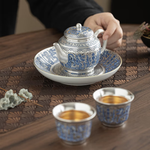 Heritage order high-end gilt silver one pot and two cups kung fu tea set teapot high-end gift box for leaders and elders gilt silver Fulong Gaozhao Yuanzheng teapot set one pot and two cups gift box