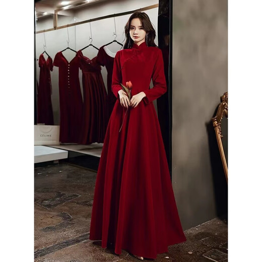 Seidler Chinese Cheongsam Toast Wear 2025 New Bridal Autumn and Winter Burgundy Long Sleeve Velvet Long Wedding Dress for Women Burgundy M (Recommended 96-105 Jin Jin equals 0.5 kg)