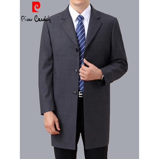Pierre Cardin windbreaker men's mid-length spring and autumn middle-aged and elderly men's dad suit. Collar plus size top jacket lapel gray plaid 200 5XL size