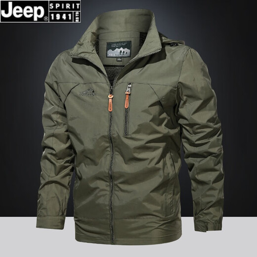 JEEP SPIRIT春秋季休闲运动外套男士大码百搭户外防水冲锋衣中青年连帽夹克薄 军绿9928 4XL