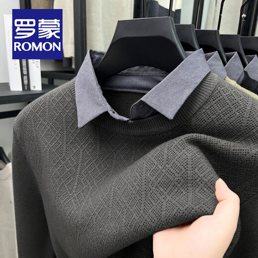 罗蒙（ROMON）假两件衬衫领毛衣男士秋冬新款加厚保暖套头打底针织衫男外穿线衣 【常规款】深灰 3XL码