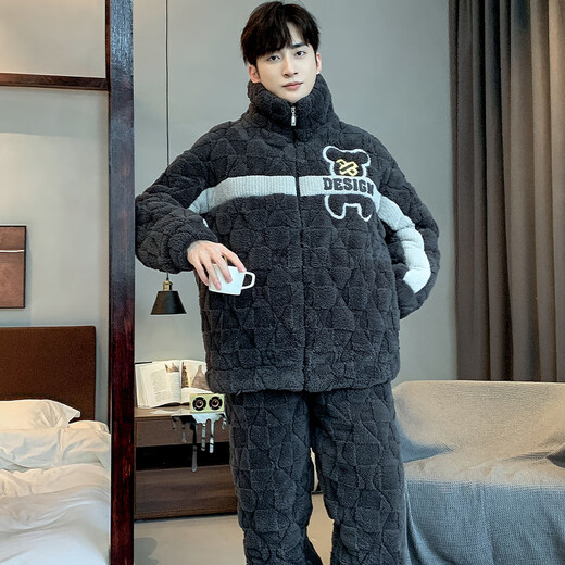 Langsha winter men's cotton pajamas coral velvet three-layer thickened warm home clothes for winter students can be worn outside students LMMQ9923 XL code 170-175CM/135-155Jin[Jin equals 0.5 kg]