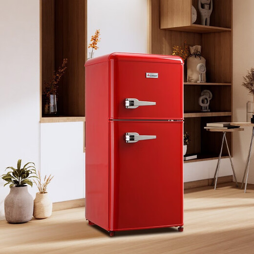 CHIGO Internet celebrity retro double-door refrigerator European-style refrigerated freezer household small first-class energy efficiency rental office energy-saving fruit preservation living room bedroom refrigerator trade-in 155D with handle retro double door Chinese red