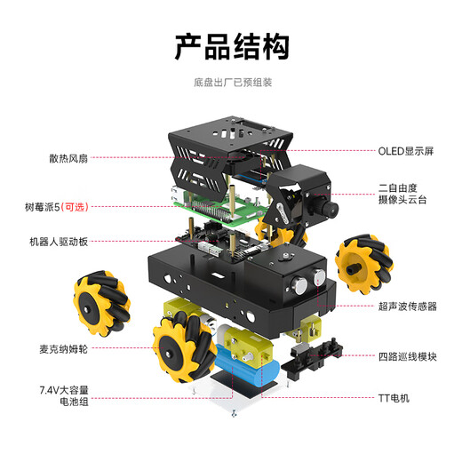 Yahboom (Yahboom) Raspberry Pi 5 Robot Ai Vision Car Python Programming McNam Ros Ros Robot Robot Camera de reconocimiento de la tarjeta Oficial Standard + TF (incluida Raspberry Pi 5-8 GB en la placa base)