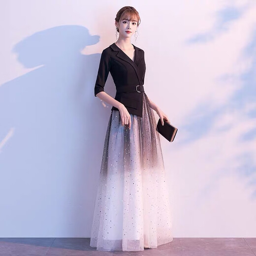Noliti's Temperament Banquet Dress Dress Long 2025 Le nouveau style peut être porté lors de la réunion annuelle de l'hôte Dreamy Starry Sky Jirt Femmes Black Long XL