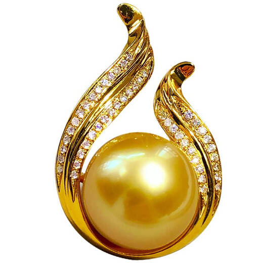 Confucian Nanyang Philippine thick gold beads 18K diamond pendant 12mm natural color seawater pearl temperament extremely bright 12mm Nanyang gold bead pendant