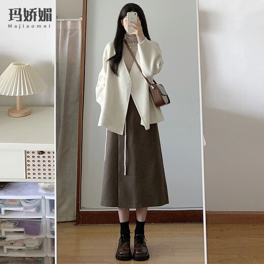 Majiaomei dress women's suit 2025 new autumn and winter clothing with a complete set of versatile jacket, bottoming shirt and skirt for women, apricot coat + apricot bottoming shirt + coffee skirt M