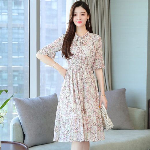 Yu Zhaolin Women's Korean Style Slim Fit Chiffon Floral Swing Skirt Fashionable Versatile Printed Short Sleeve Dress Female YWQZ203126 Beige M