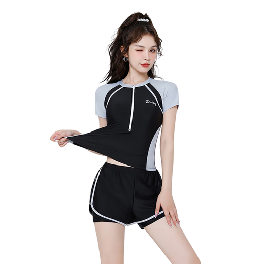 梵迪拉（F.DYRAA）泳衣女高级分体短袖温泉保守显瘦游泳馆泳装四件套12034黑灰色L